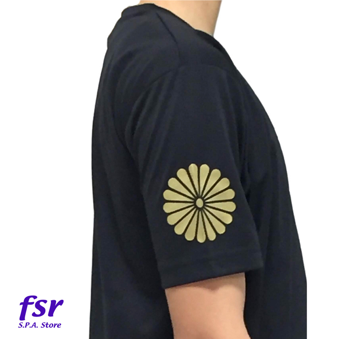 ドライVネックTシャツ 吸汗速乾 UVカット メッシュ 両袖ゴールド菊紋プリント Black S~4L 5サイズ KMC-7002 送料込み価格!拍卖