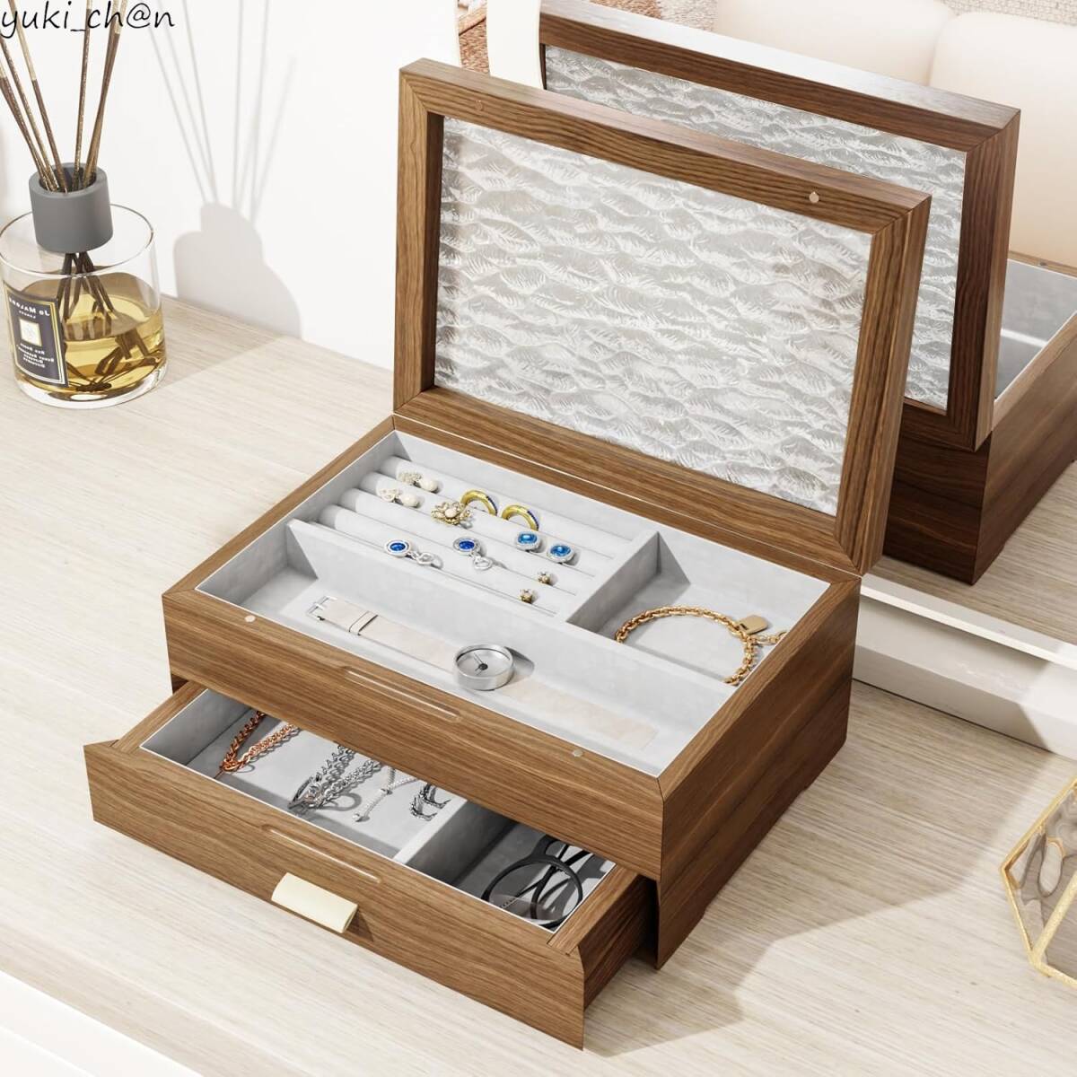 ジュエリーボックス 26x18x11.4cm ウォールナット色 アクセサリーケース 宝石箱 2段 大容量 仕切り付き 木製 収納拍卖