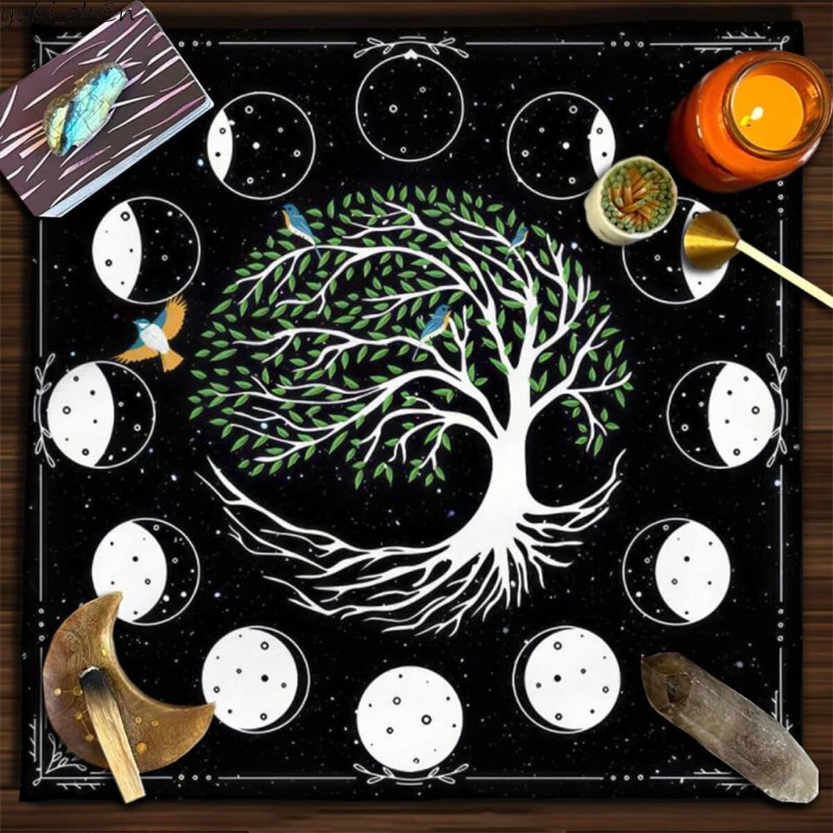 タロットクロス Tree of life 正方形75×75cm 占星術 ベルベット タロットマット タペストリー 兼用 鳥 月 花拍卖