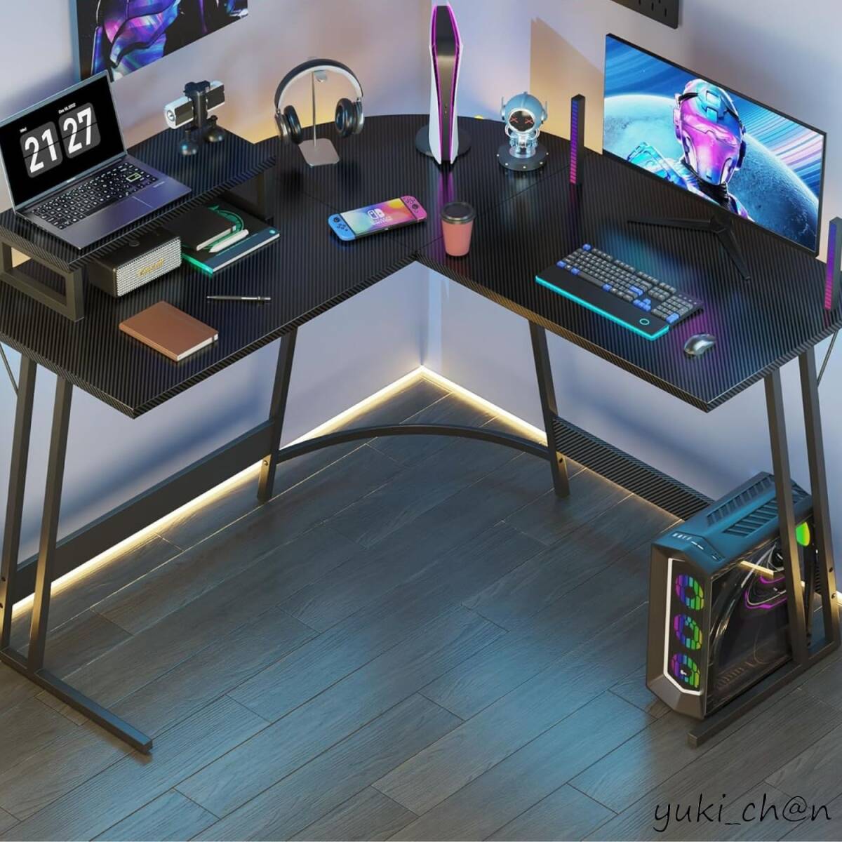 L字デスク ゲーミングデスク pcデスク コーナーデスク ブラック 110cm×110cm カーボン調 モニター台付 組み立て簡単拍卖