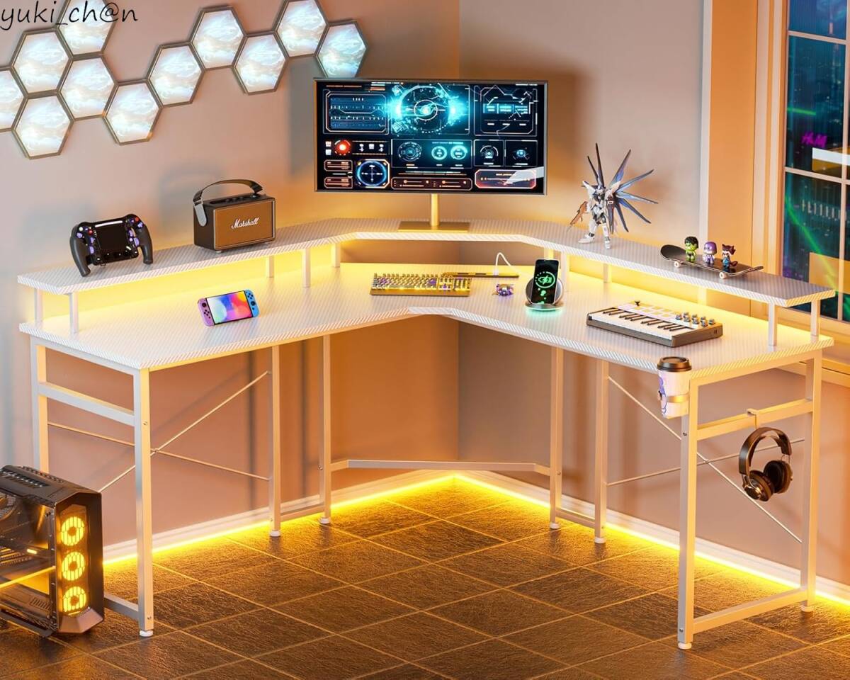 ゲーミングデスク カーボン調ホワイト 幅129 L字 パソコンデスク 机 コンセント PCデスク 収納 コーナーデスク 在宅勤務拍卖