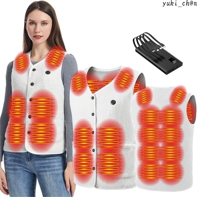 電熱ベスト 加熱服 ホワイト XL USB給電 充電式ヒート 30000mAhモバイルバッテリー 前後16箇所発熱 3段温度調整 冬作業服 男女兼用拍卖