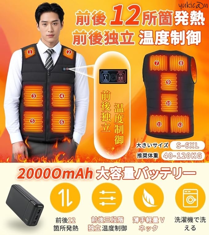 電熱ベスト ヒーターベスト ネイビー L 20000mAh バッテリー付き 3段階温度制御 軽量 前後12箇所発熱 Vネック USB給電 丸洗い拍卖