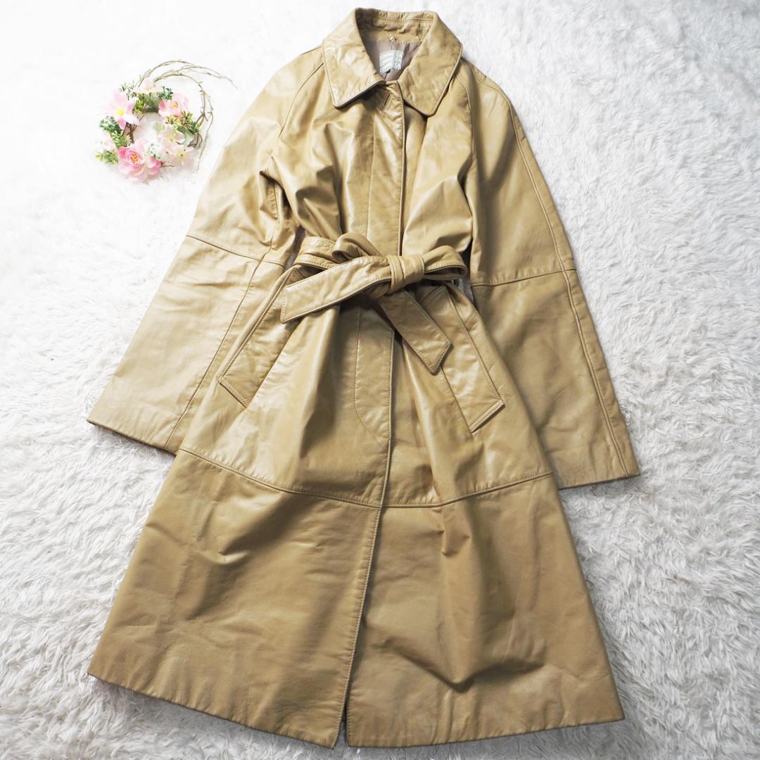 コムサ COMME CA レザーコート 牛革 ロングコート 淡黄色 ベルテッド レディース9号 ラグランスリーブ 拍卖