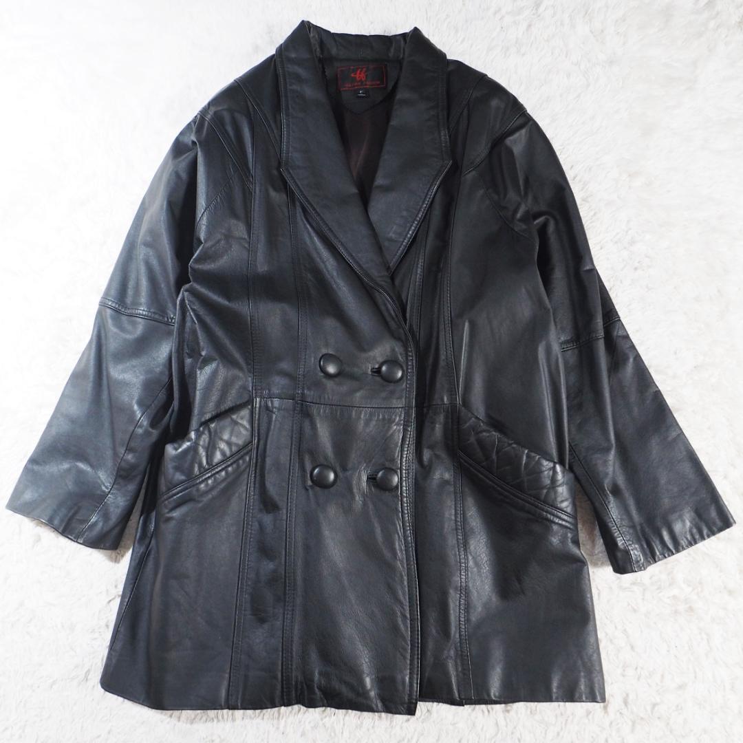 レザーファッション LEATHER FASHION レザーコート 本革 ブラック 黒 ダブル 牛革 レディース フリーサイズ拍卖