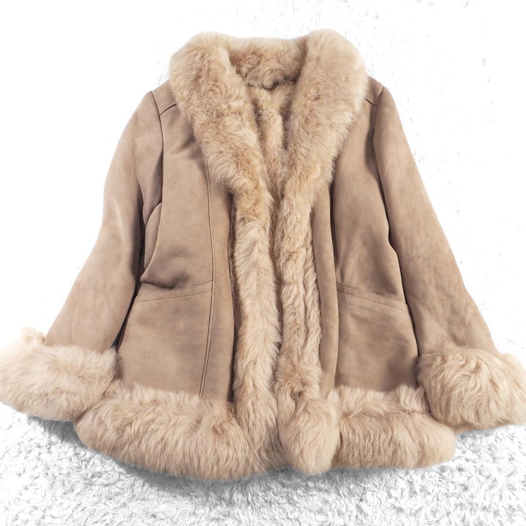 リアルムートン ジャケット コート 本革 ラムレザー ベージュ リアルファー レディースMサイズ 拍卖