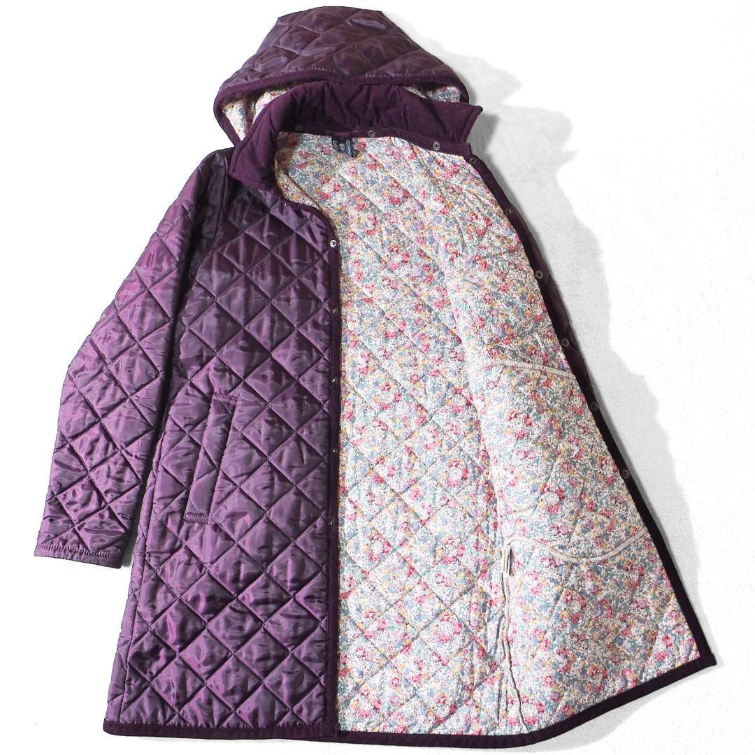 美品 イングランド製 ラベンハム LAVENHM キルティングジャケット 裏地リバティ柄 脱着フード付 パープル 紫 レディース38サイズ拍卖