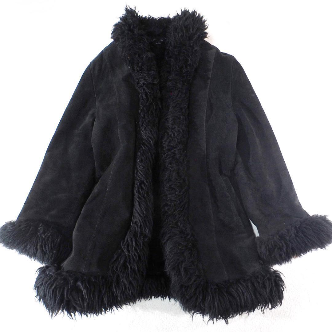 リアルファー 羊毛 スウェードレザー ボアコート 本革 ブラック 裏地起毛 レディースL相当拍卖