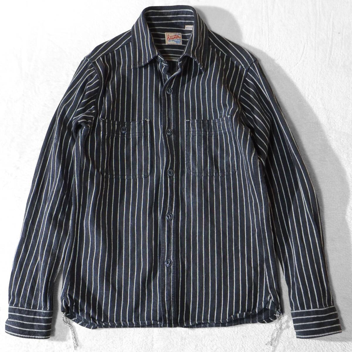 ヒューストン HOUSTON ヘビーオンス シャツジャケット 黒 ブラック ストライプ柄 コットン100% メンズMサイズ拍卖