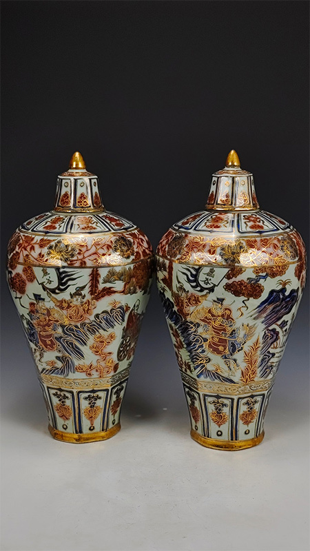 yfa|0240 中国磁器 陶芸 磁器『元青花釉里紅蒔絵彩「鬼谷下山図」故事紋帯蓋瓜稜梅瓶一対です』施釉陶 古代工芸品 陶芸 精美彫 置物 收藏品拍卖