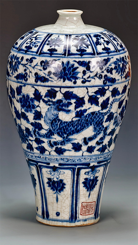 yfa|0245 中国磁器 陶芸 磁器『【至正青花】【八思巴文】鯖通景満絵「麒麟は花を着る」紋梅瓶です』施釉陶 古代工芸品 陶芸 精美彫 收藏品拍卖