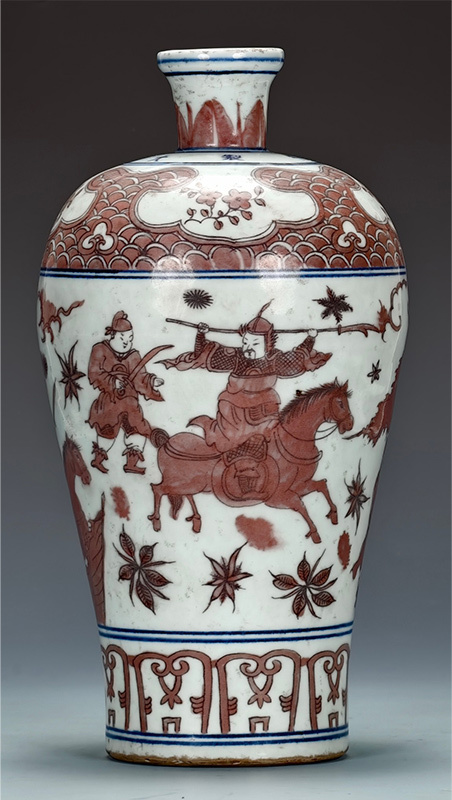 yfa|1315 中国磁器 陶芸 磁器『大明万暦年制釉里紅通景満絵戯曲刀馬人物紋梅瓶』施釉陶 古代工芸品 陶芸 精美彫 置物 收藏品拍卖