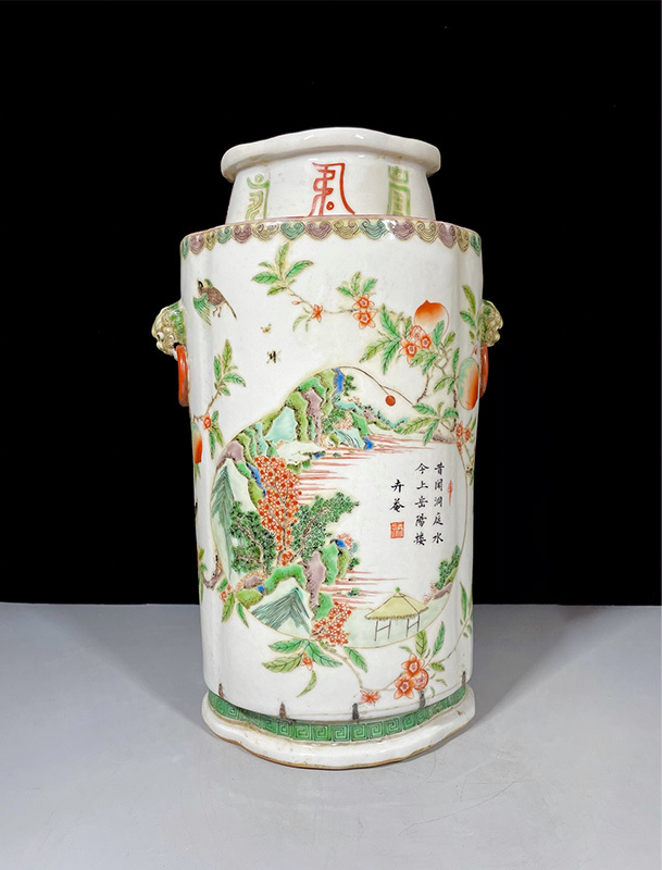 yfa|1321 中国磁器 陶芸 磁器『清五彩山水賞瓶です』施釉陶 古代工芸品 陶芸 精美彫 置物 收藏品拍卖