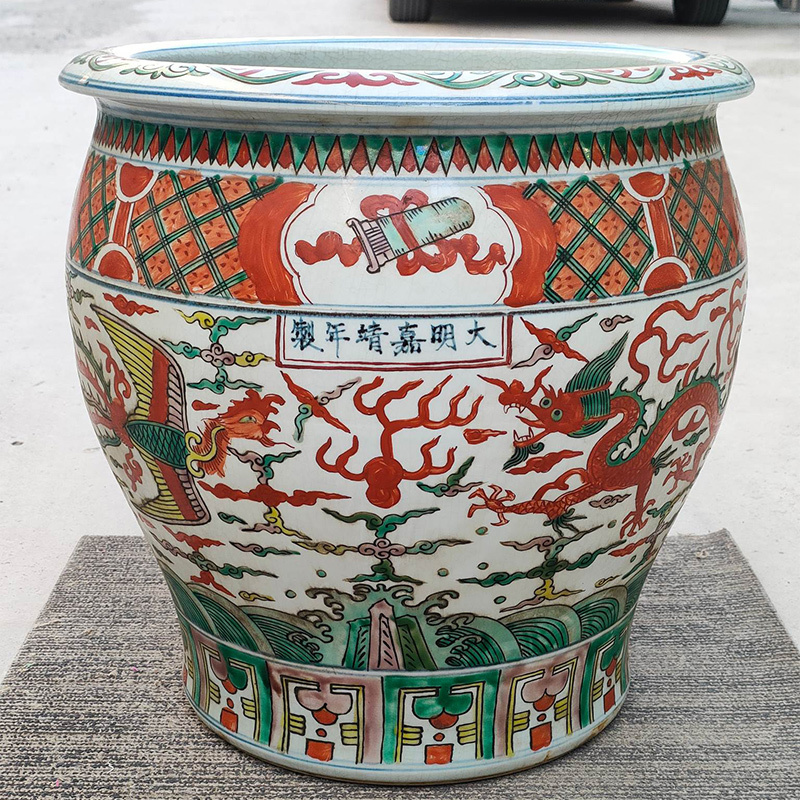 yfa|1342 中国磁器 陶芸 磁器『大明嘉靖年製,五彩龍鳳紋巻壺です』施釉陶 古代工芸品 陶芸 精美彫 置物 收藏品拍卖