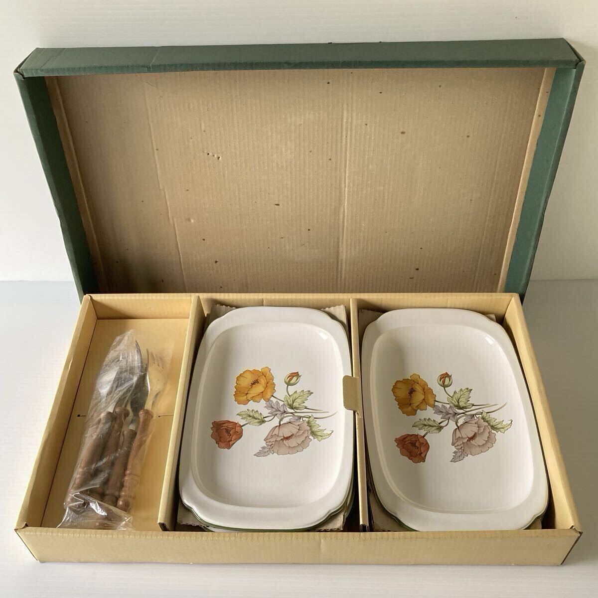 未使用 ノリタケ Image Stone NT Japan 5枚組 箱・フォーク付き ◆ ストーンウェア 角皿 長皿 小皿 プレート 花 デッドストック 昭和レトロ拍卖