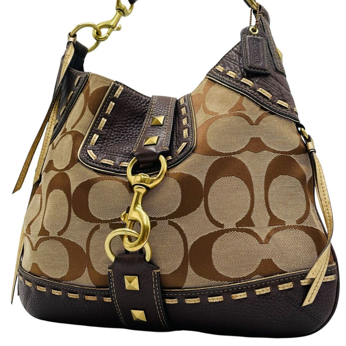 1円 COACH コーチ ショルダーバッグ ワンショルダーバッグ キャンバス レザー シグネチャー ブラウン スタッズ F10314 y2k 拍卖