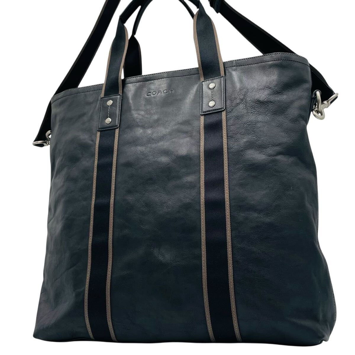 1円 美品 COACH コーチ トートバッグ ビジネス ショルダーバッグ 2way ヘリテージ ブラック レザー F70560拍卖