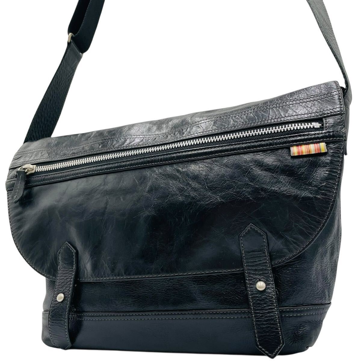 1円 美品 Paul Smith ポールスミス ショルダーバッグ メッセンジャーバッグ ビジネス レザー ブラック マルチストライプ 斜め掛け A4拍卖
