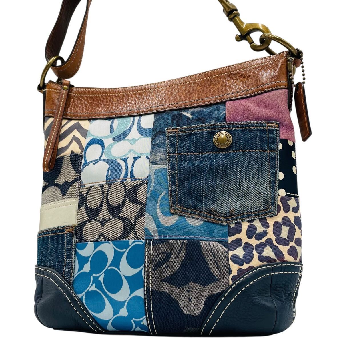 1円 COACH コーチ ショルダーバッグ レザー デニム パッチワーク キャンバス 10812拍卖