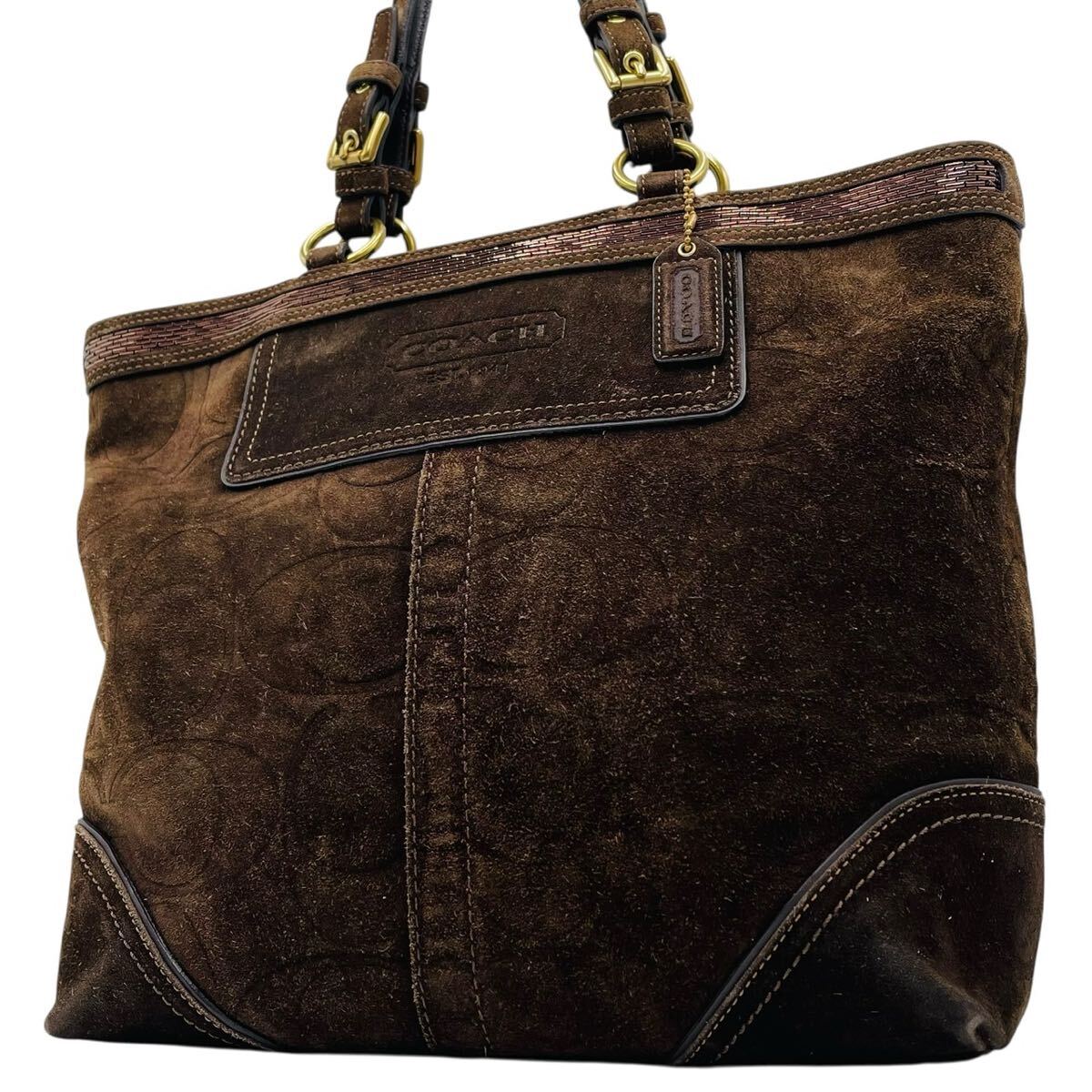 1円 COACH コーチ トートバッグ ハンドバッグ 肩掛け スエード レザー ビーズ シグネチャー 10442 y2k拍卖