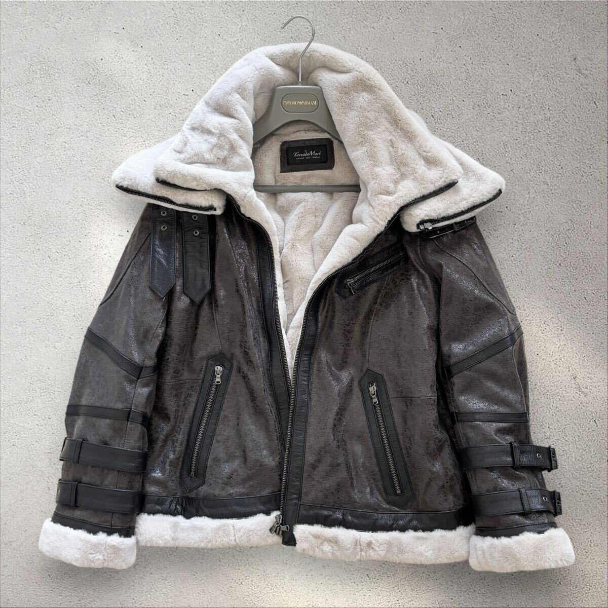 極美品/LLサイズ●TORNADO MART クラッキングボンバージャケット やぎ革 山羊革 レザー 裏地ボア XL メンズ アウター ファーコート拍卖