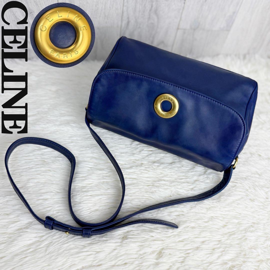 人気 ヴィンテージ VINTAGE CELINE セリーヌ サークル ロゴ ナッパレザー ショルダーバッグ ブルー拍卖