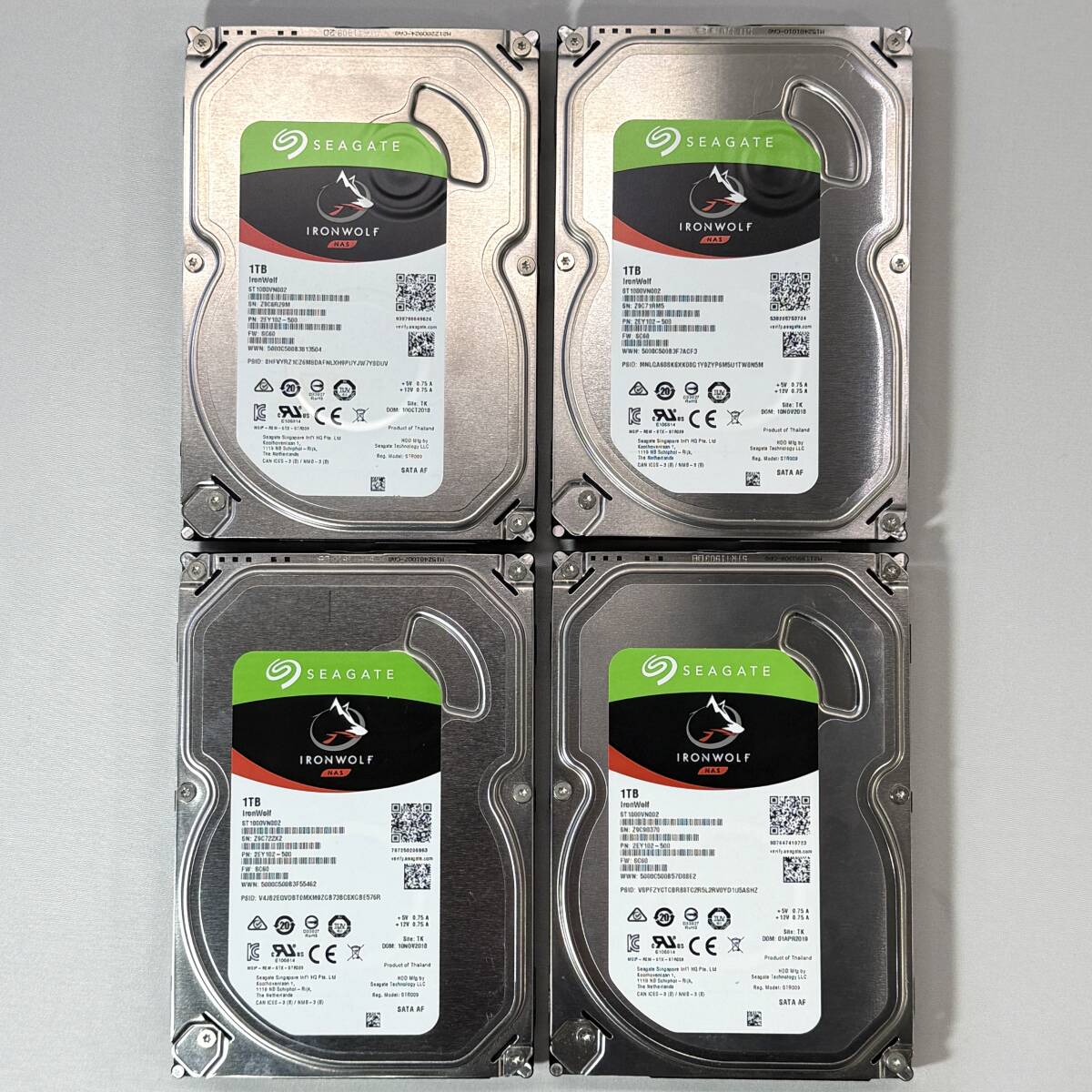 □【健康状態:正常】 SEAGATE IronWolf NAS HDD 1TB 4枚 NAS ST1000VN002 Hard Drive 2018年製 19年製【使用時間:54000H】□ W04-1031拍卖