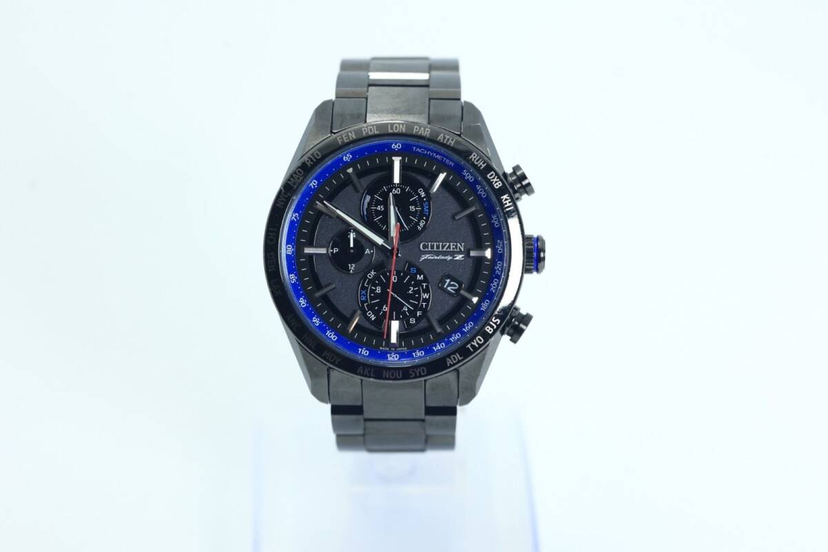 CITIZEN シチズン AT8185-97E H804-T027687 アテッサ エコドライブ 電波ソーラー ブラックチタン クロノグラフ メンズ 箱・保証書付き 美品拍卖