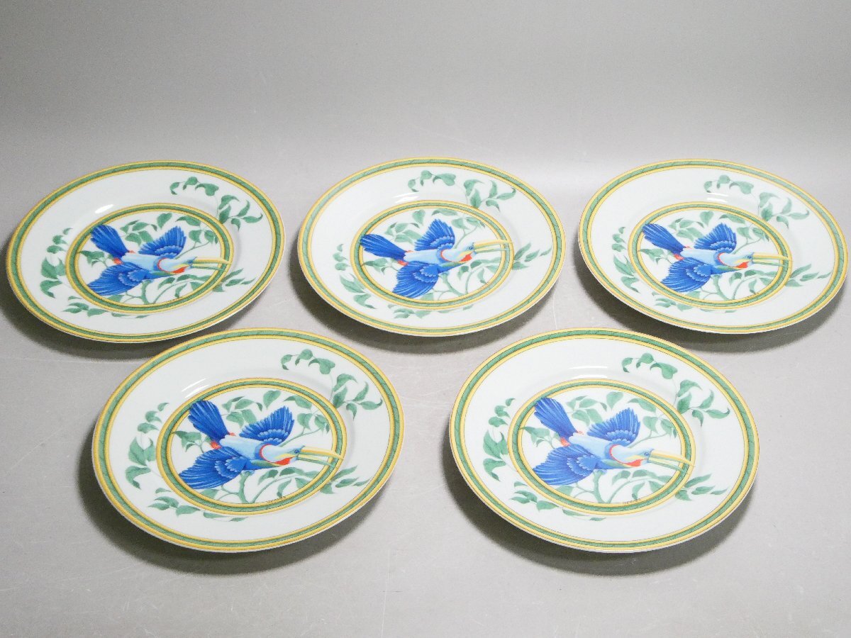 102860 エルメス トゥカン プレート 皿 HERMES 5客 直径 22cm 鳥 オオハシ グリーン イエロー系拍卖