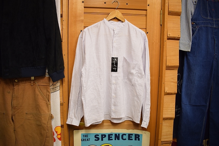 デッドストック◎90sビンテージGOOUCHグーチ ノーカラーオールリネン長袖シャツSホワイト白色アメカジストリート x962拍卖