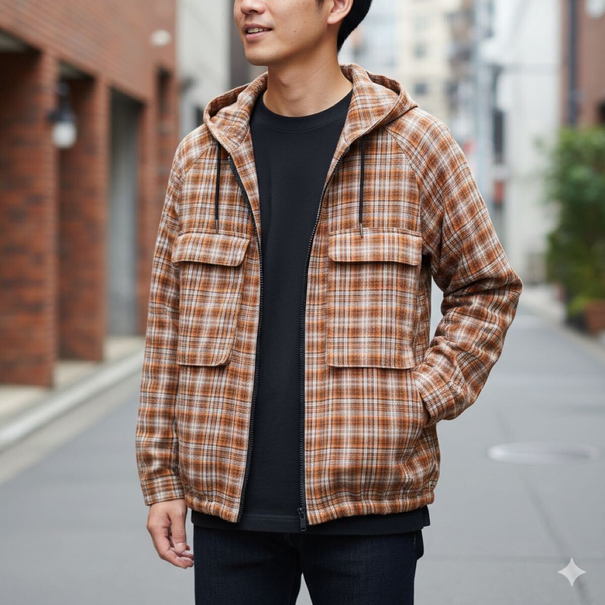 CPCM チェック ジップアップ ぽこぽこ フーディー パーカー ブラウン M拍卖