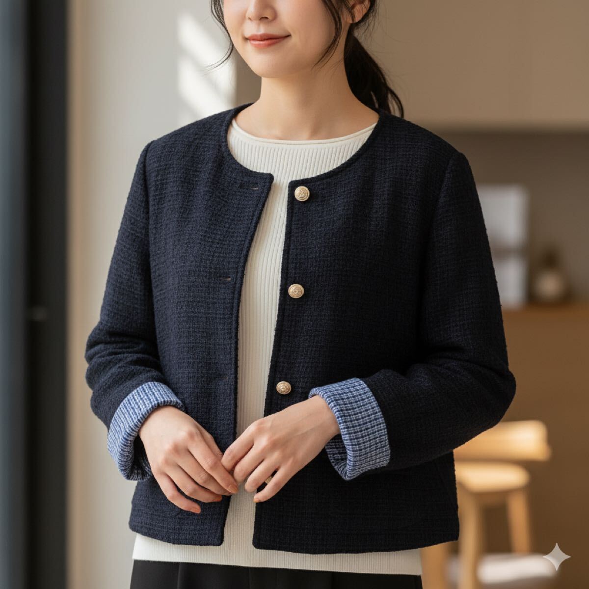 FESHORNI 異素材 ツイートジャケット 袖チェック柄 レディース ネイビー拍卖