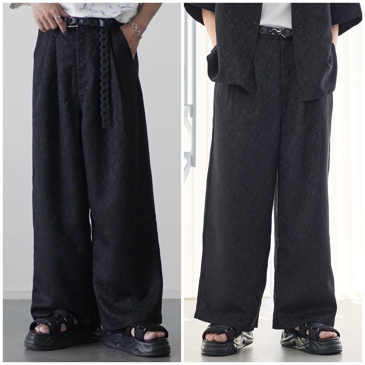 エテリオ 総柄 ジャガード 2タック ワイド バギースラックス ブラック S拍卖