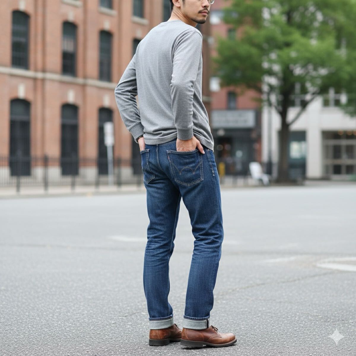 エドウィン 赤耳 日本製 革パッチ ネイビー デニムパンツ メンズ 31×32拍卖