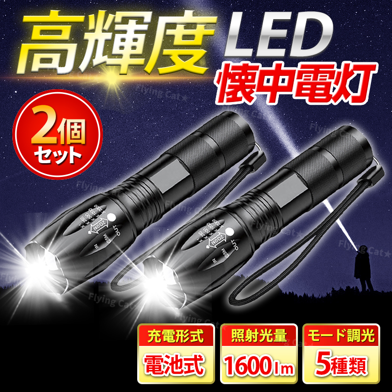 LED 懐中電灯 ライト 超強力 小型 乾電池式 軽量 高輝度 コンパクト ハンドライト レーザー 2本 2個 防災 災害 停電 アウトドア 釣り 散歩拍卖