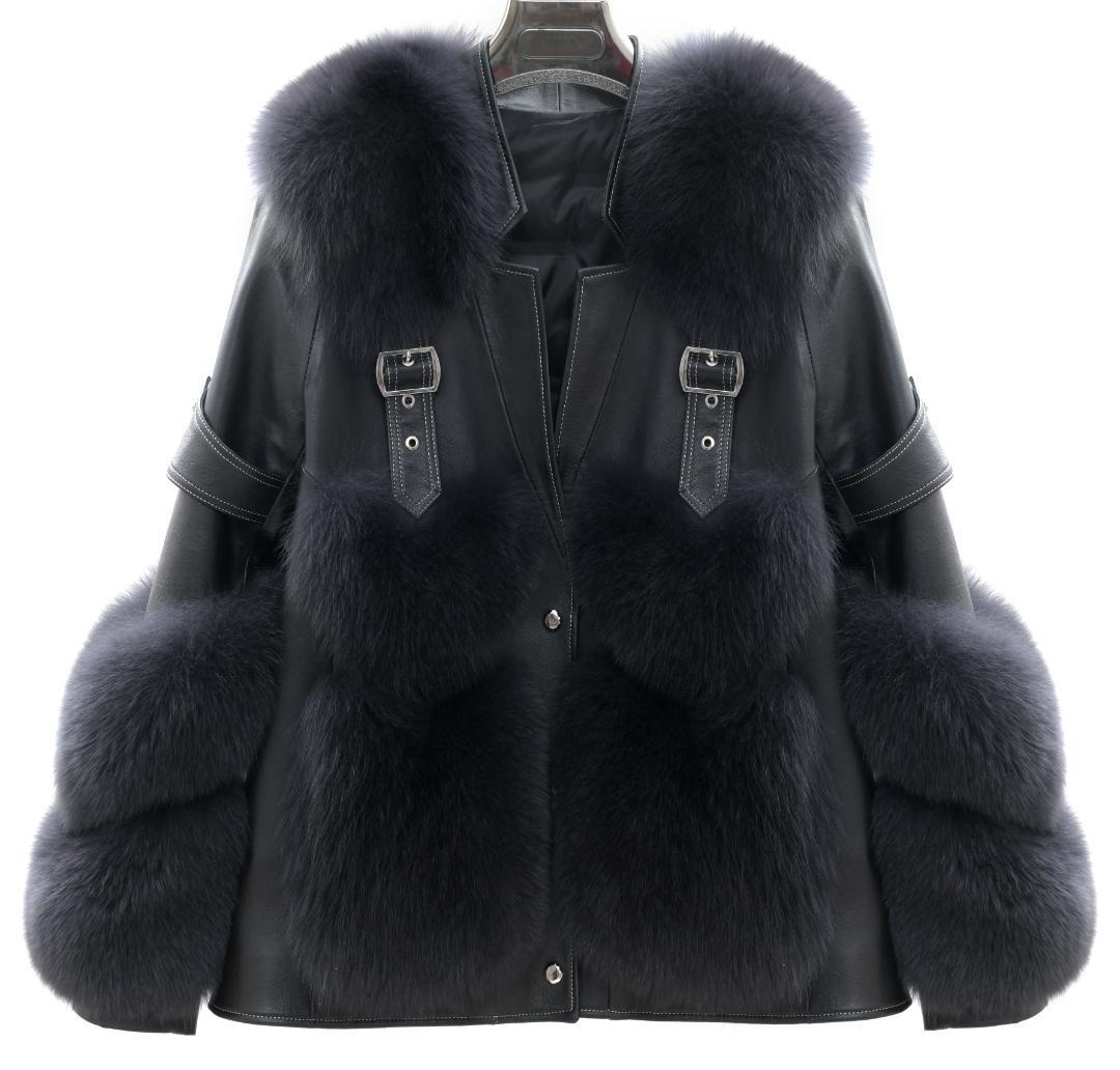 新品★最高級↑フォックス &羊革 &ダウンコートライダースジャケット毛皮ファー 拍卖