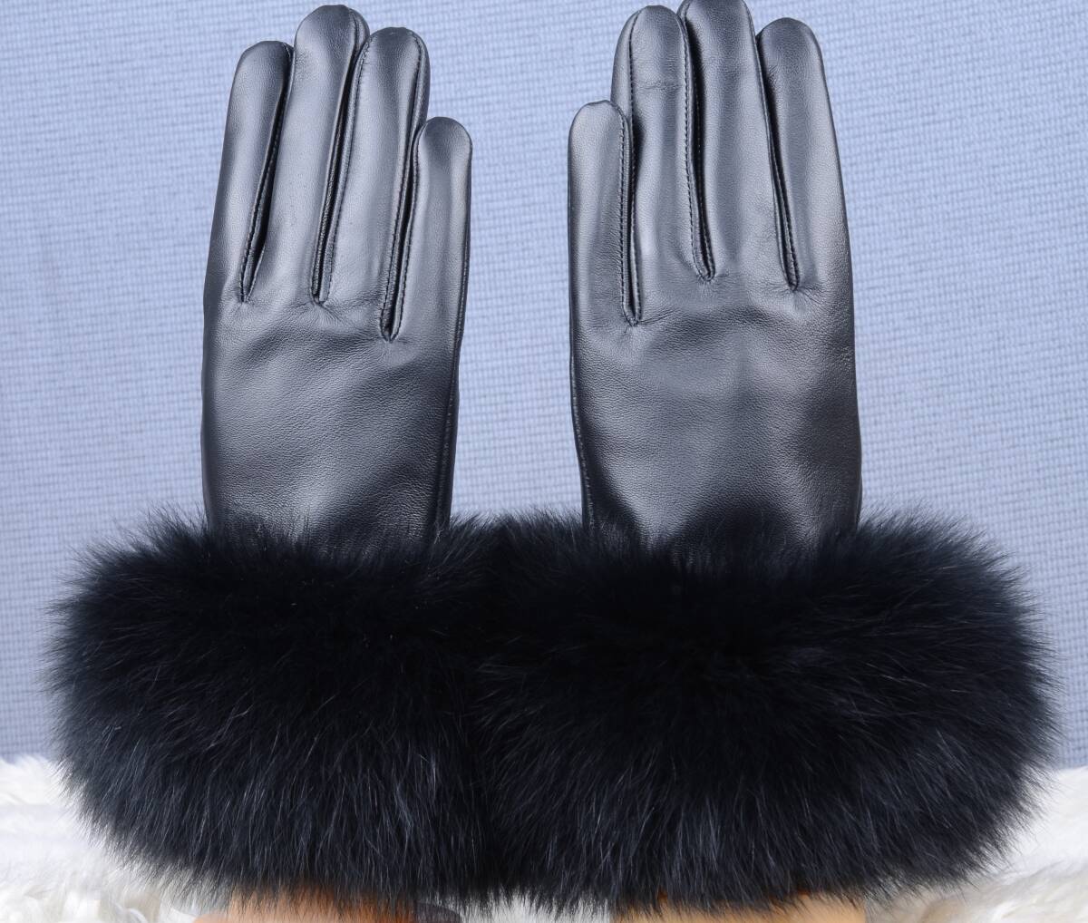 Lサイズ スマホ対応ラムレザーとフォックス が贅沢な手袋 黒ファー毛皮★グローブ拍卖