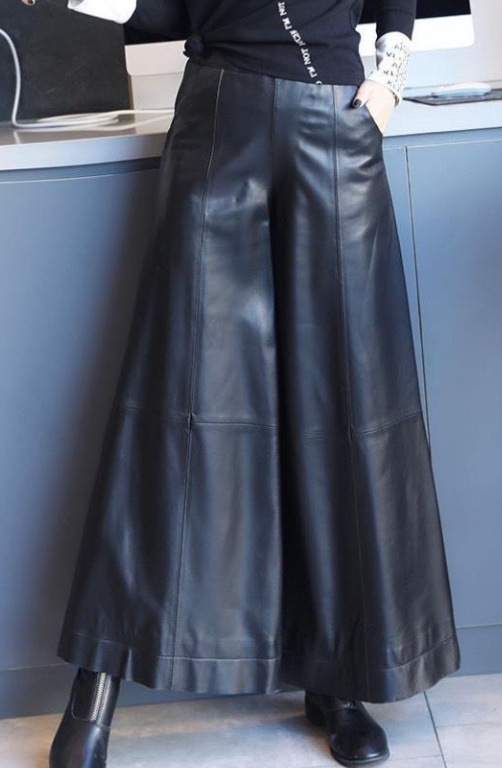 レディース高級 本革↑超ソフトなラムレザーワイドパンツ黒☆ラムレザーワイドパンツ拍卖
