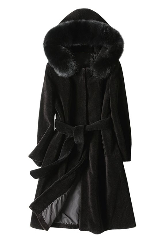 ★新品限定★最高級フォックスファー襟付き羊毛ロングコート帽子付 黒毛皮ファー拍卖