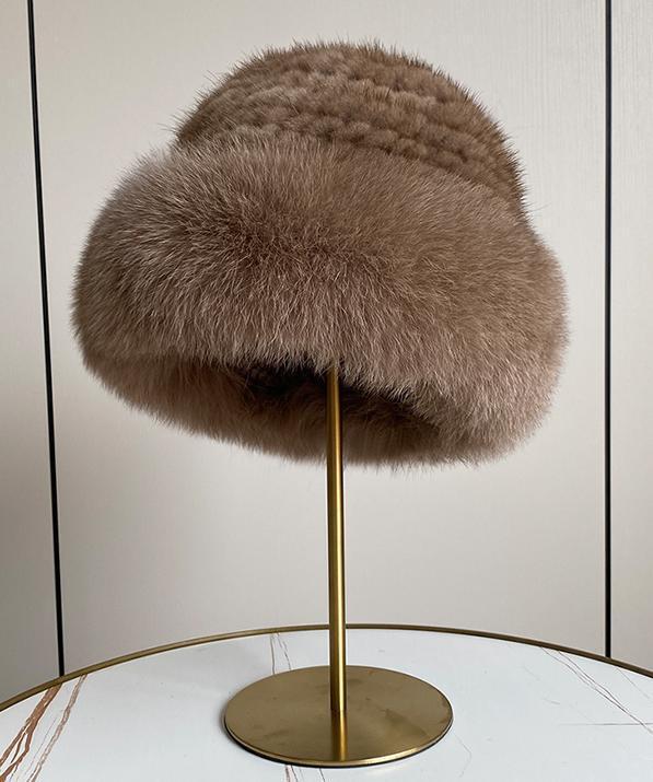 新品 上質ミンクと上品なフォックスの編込みハット 浅い茶 ギフトプレゼント拍卖