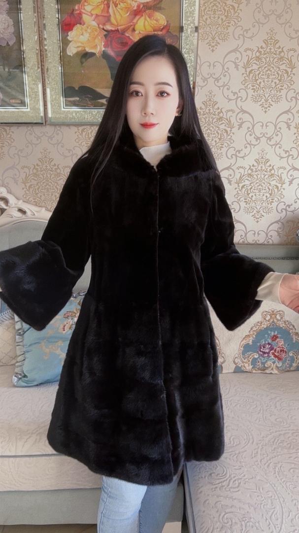 手触り気絶級!新品◆帽子付◆上質シェアードミンクコート黒ミンクファーコート毛皮拍卖