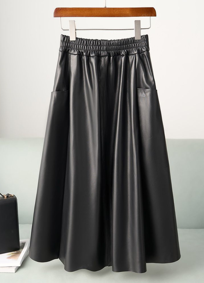 レディース高級 本革↑超ソフトなラムレザースカート黒☆ラムレザースカート拍卖