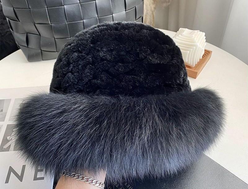 新品限定 上質フォックスと上品なレッキスの編込みハット 黒★毛皮ファー拍卖