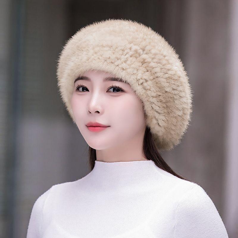 新品 限定★上品なミンクの編込みベレー帽 ページュ/レデイース毛皮ファー拍卖