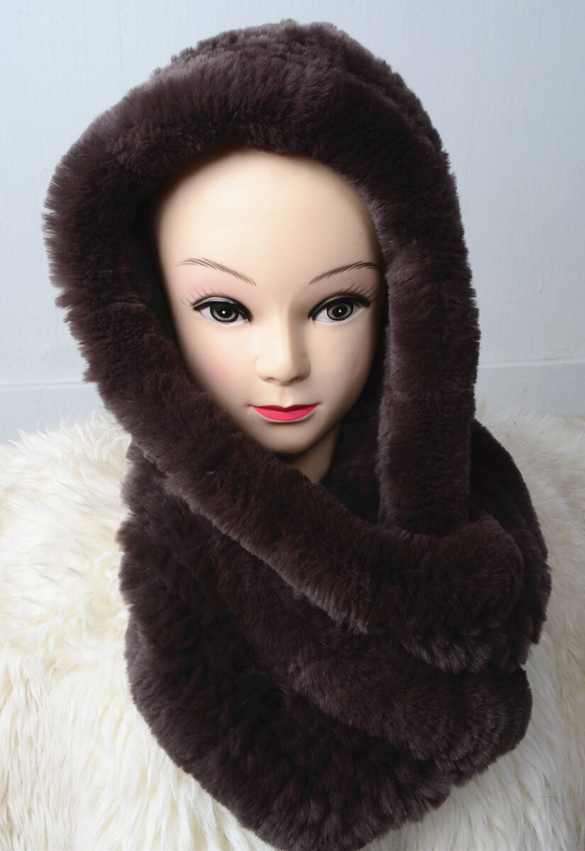 柔らかな毛皮の レッキス編み込み二重巻フード付スヌード ブラウン毛皮ファー拍卖