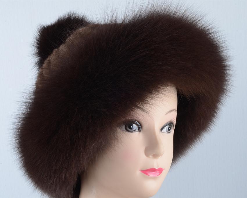 ◆新品フォックスとミンク編みこみ帽子 茶/ポンポン付き/毛皮 リアルファー拍卖