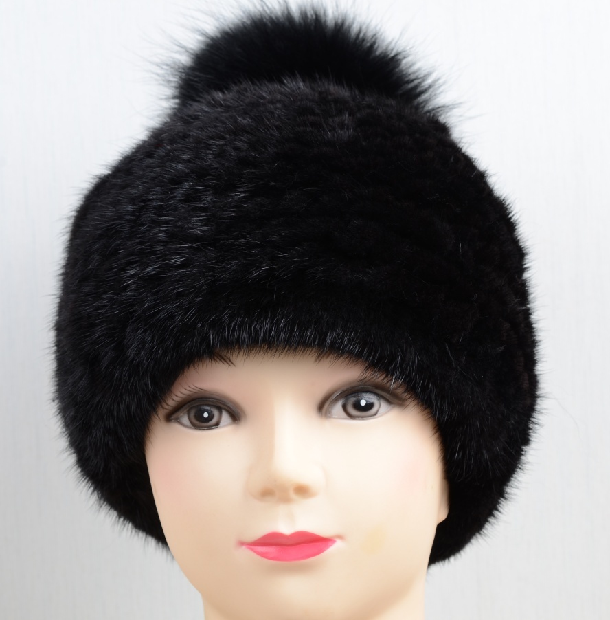新品限定 ミンク編みこみ帽子 黒/フォックスポンポン付き/毛皮 ファー拍卖