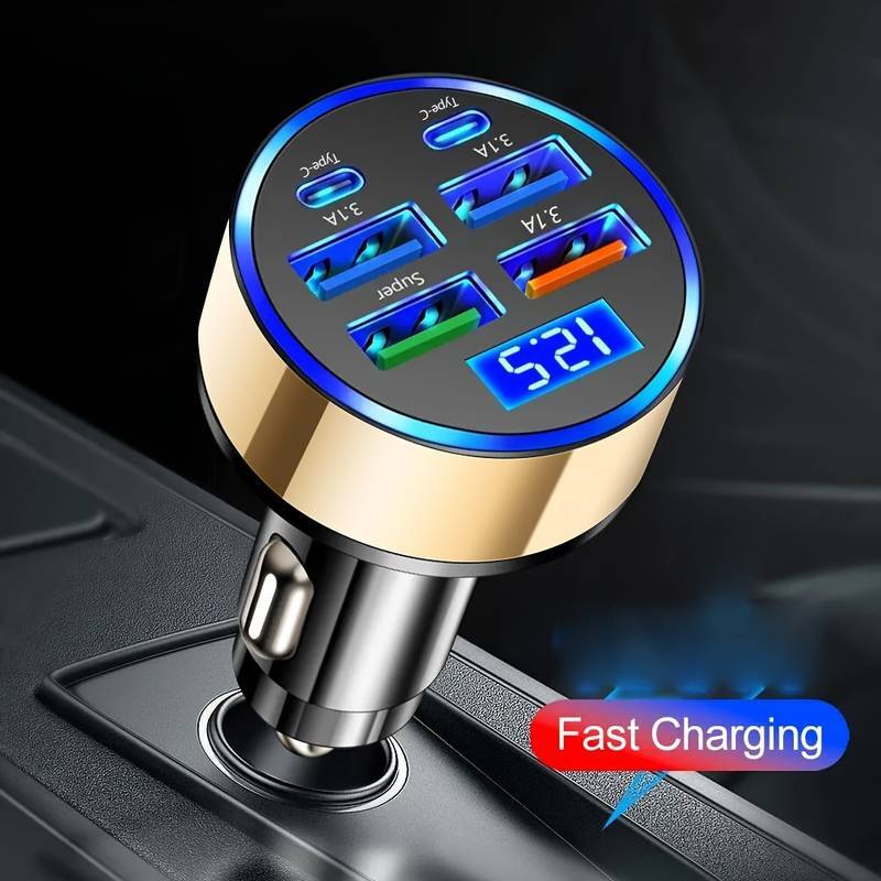 LED電圧表示対応機能付(電圧が数字で表示され便利です)◆シガーソケット 6ポート 急速充電器 USB 4USB+2TypeC ゴールド拍卖