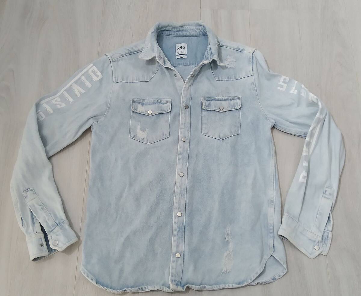 ★良品★ZARA ダメージデニム★ペイントオーバーシャツ★RELAXED FIT/M★ライトブルー拍卖