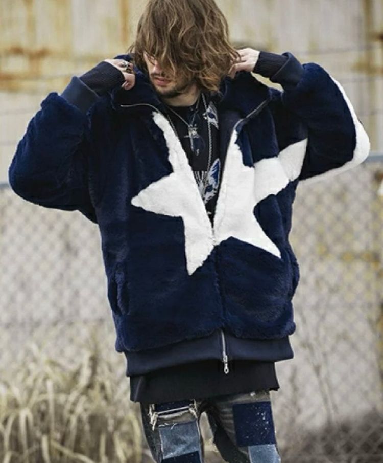 美品★NO ID.ファーブルゾン★ツースターフェイクファーフーデット★サイズフリー★ネイビー拍卖